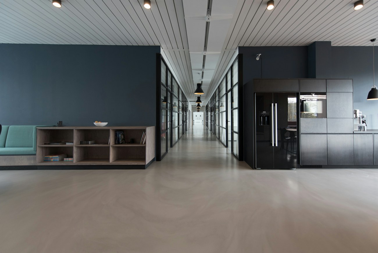 A clean, quiet office with desks and plants